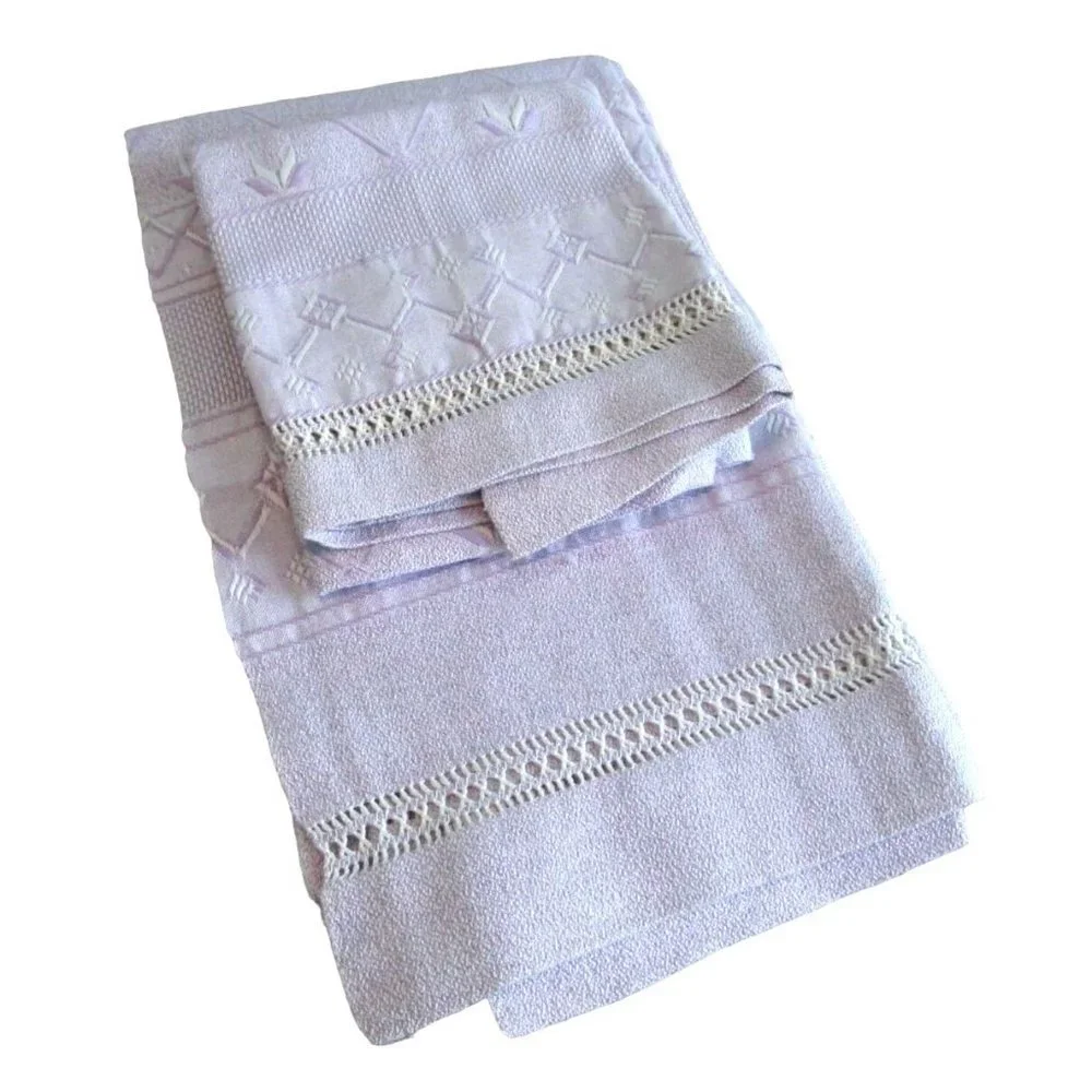 Purple White Woven Trellis Star Vintage Towel Set One Hand One Bath GUC Spots